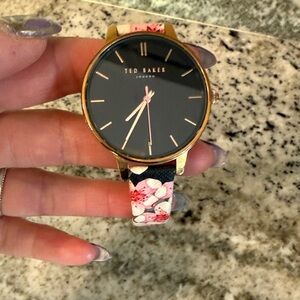 Ted Baker Black and Gold Watch with Floral Strap